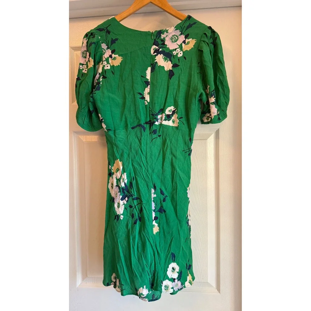 Free People Mini Dress Women 4 Green Floral V-Neck Puff Sleeve Fit & Flare